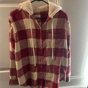 American Eagle Red and Cream Plaid Shirt with Hood
